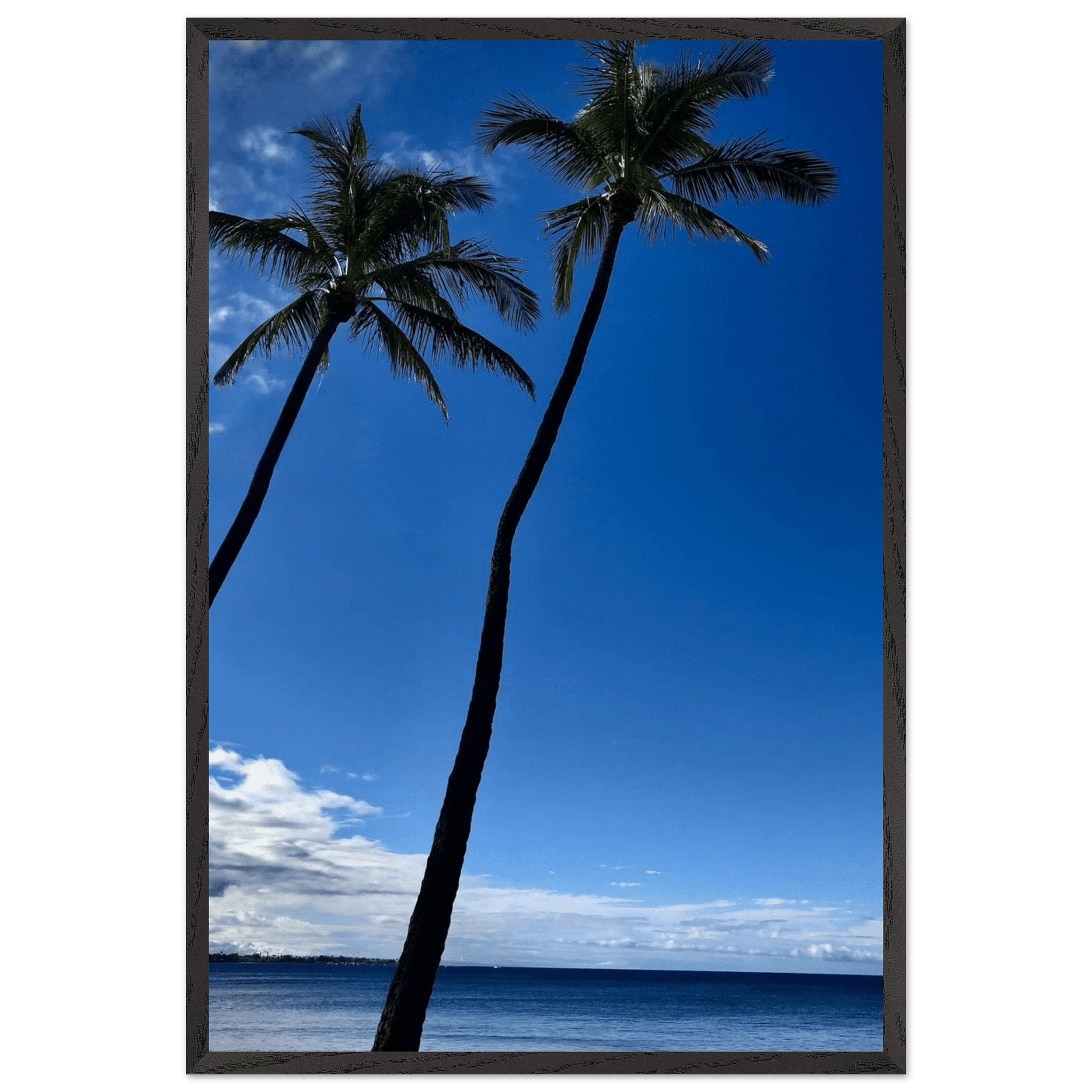 Framed print of Hawaii iconic palm tree twins and Pacific waves, 15x20 cm CaliCuration travel collection studio edition artwork.