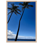 Framed Hawaii travel poster featuring iconic palm trees and Pacific waves, mounted print by CaliCuration in a white frame.