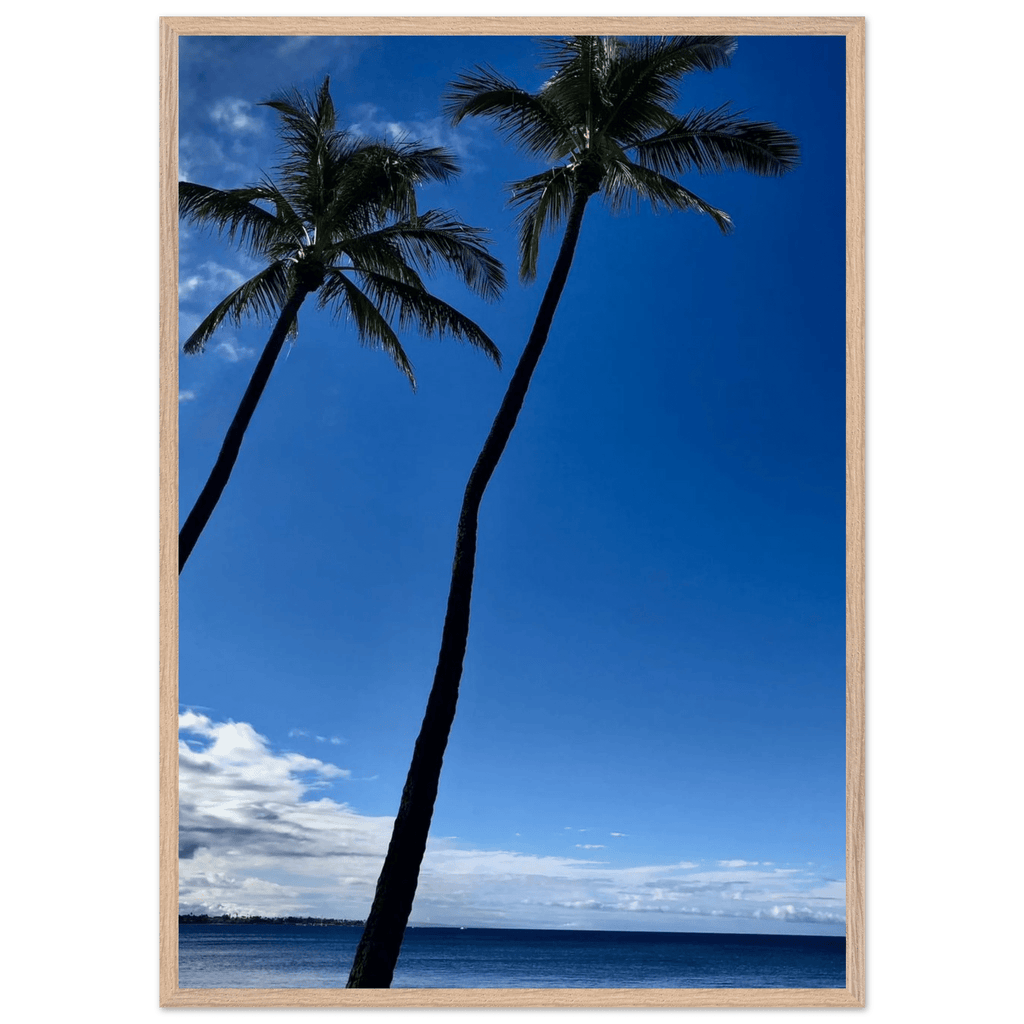 Framed print of Hawaii iconic palm trees and Pacific waves, CaliCuration travel collection studio edition 15x20 cm artwork.