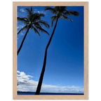 Framed Hawaii travel poster featuring iconic palm tree twins and Pacific waves, mounted in a white 15x20 cm frame.