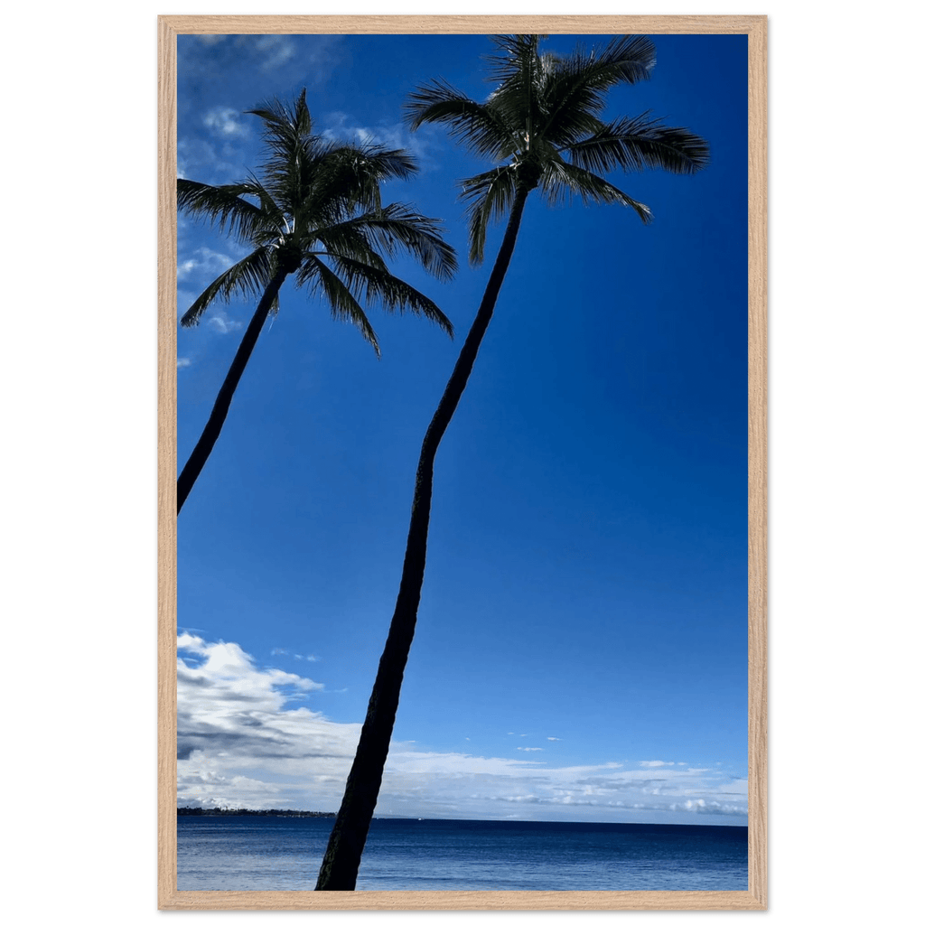 Framed print featuring iconic Hawaii palm trees and Pacific waves, mounted on white frame from CaliCuration Travel Collection.