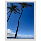 Framed Hawaii travel poster featuring iconic palm trees and Pacific waves, mounted print with white frame by CaliCuration.