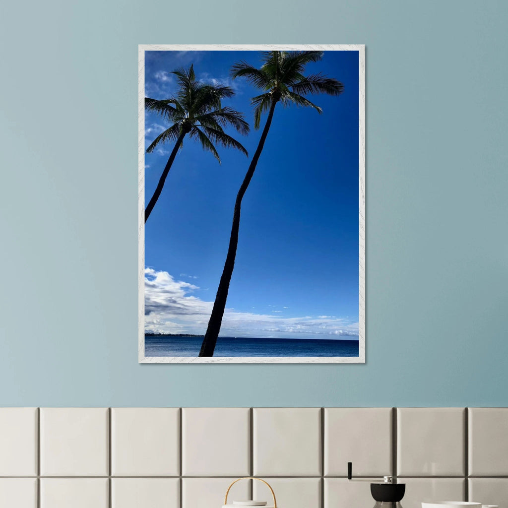 Framed print of Hawaii's iconic palm trees and Pacific waves by CaliCuration, featuring a travel-themed design in a white frame.