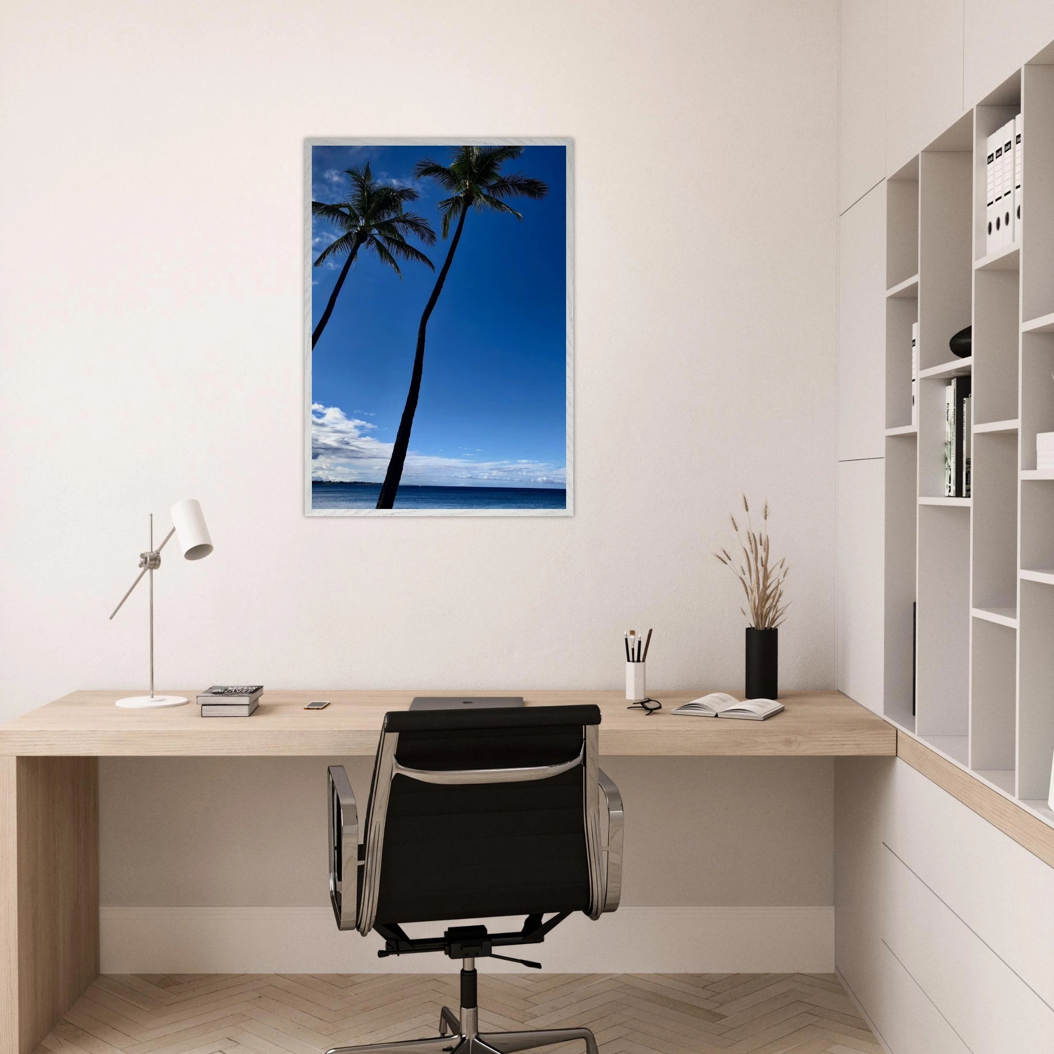 Framed Hawaii travel poster featuring iconic palm tree twins and Pacific waves in a white frame, part of CaliCuration's Studio Edition.