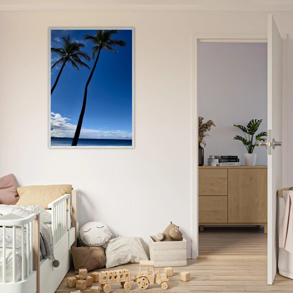 Hawaii travel poster featuring iconic palm tree twins and Pacific waves, framed print from CaliCuration's Spring '26 collection.