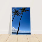 Hawaii iconic palm tree twins and Pacific waves framed print by CaliCuration, 15x20 cm, mounted on white frame, travel collection.