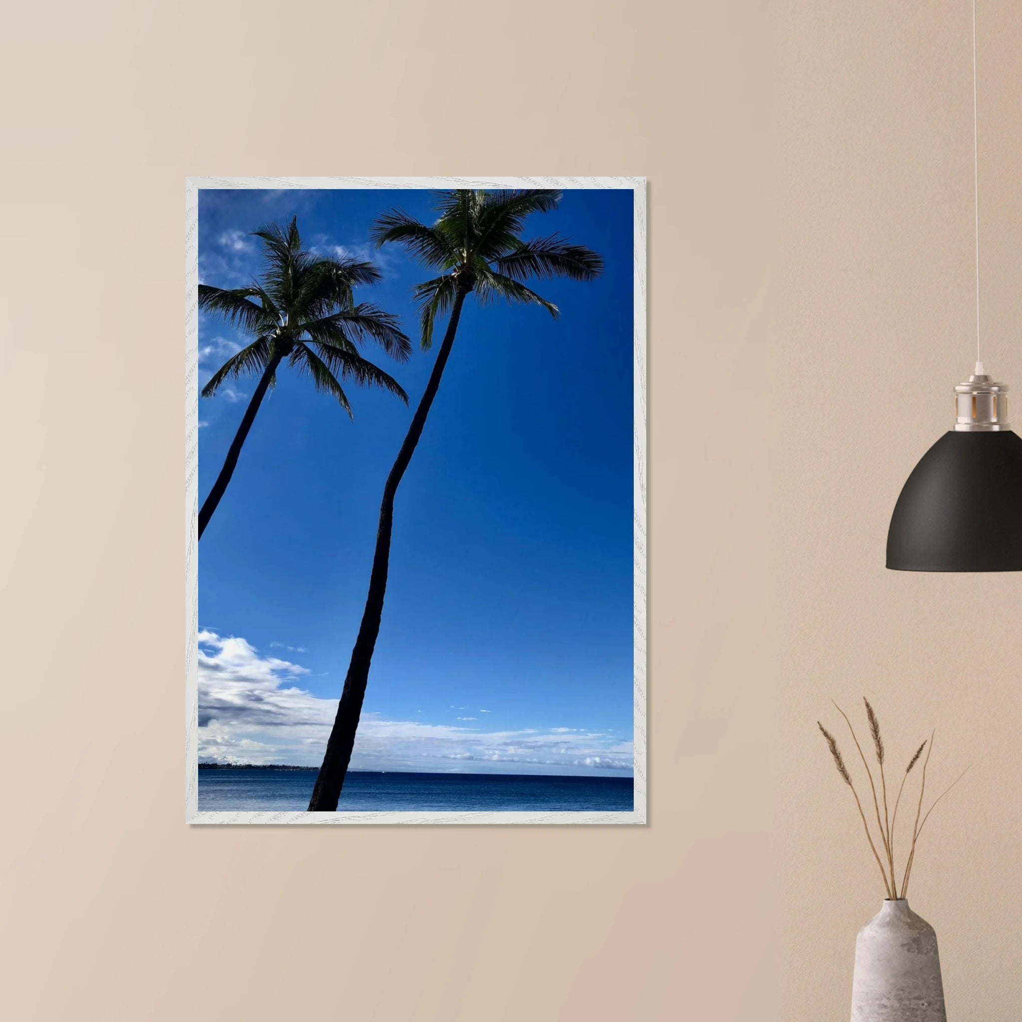 Framed print of Hawaii iconic palm trees and Pacific waves, 15x20 cm, featuring tropical scenery from CaliCuration Travel Collection.
