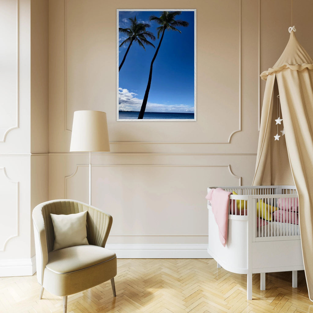 Framed Hawaii travel poster featuring iconic palm tree twins and Pacific waves, mounted on white frame by CaliCuration.
