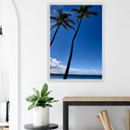 Framed print of Hawaii iconic palm trees and Pacific waves, 15x20cm, by CaliCuration, featuring tropical island scenery.