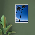 Framed print of Hawaii iconic palm tree twins and Pacific waves, CaliCuration travel collection studio edition, 15x20 cm.