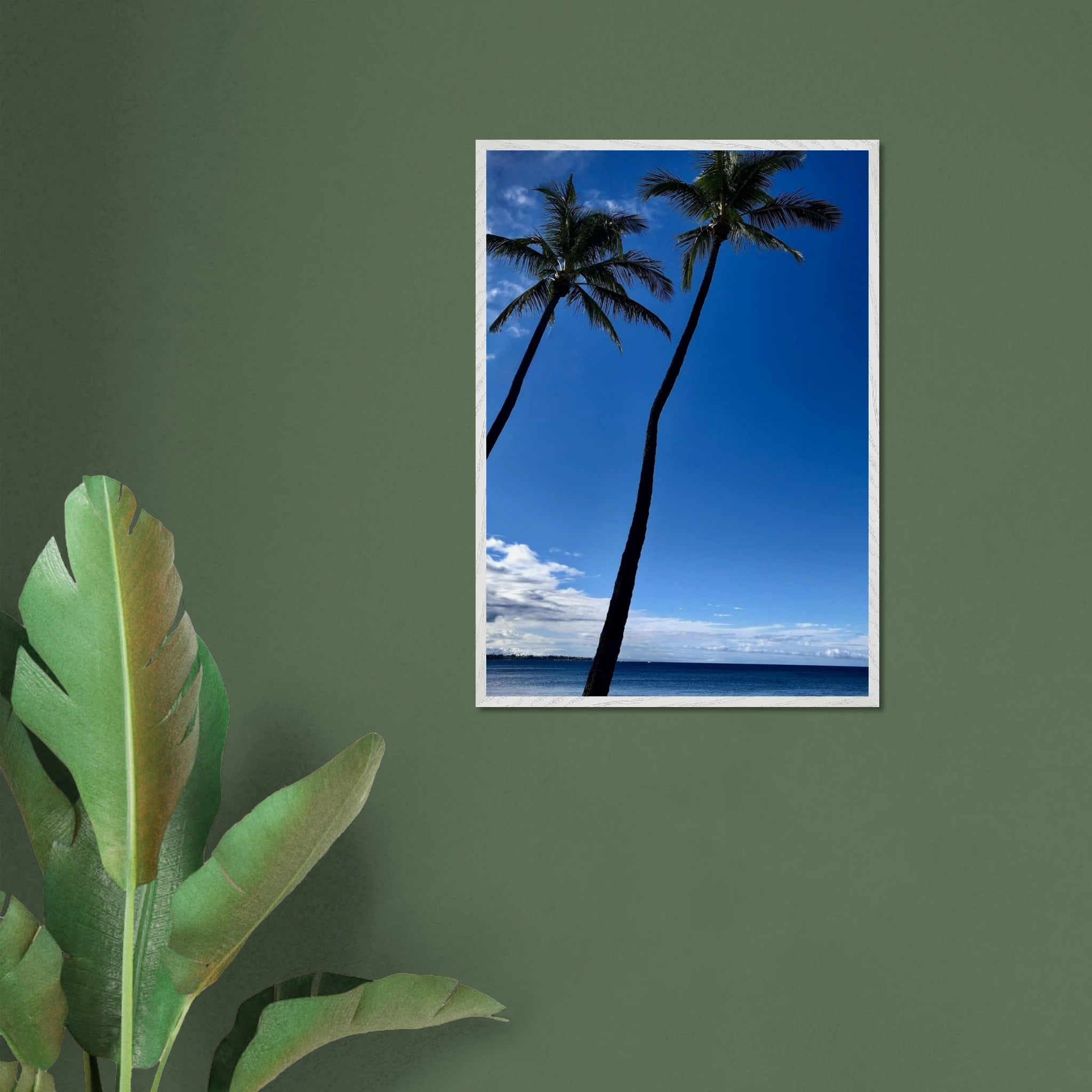 Framed print of Hawaii iconic palm tree twins and Pacific waves, CaliCuration travel collection studio edition, 15x20 cm.