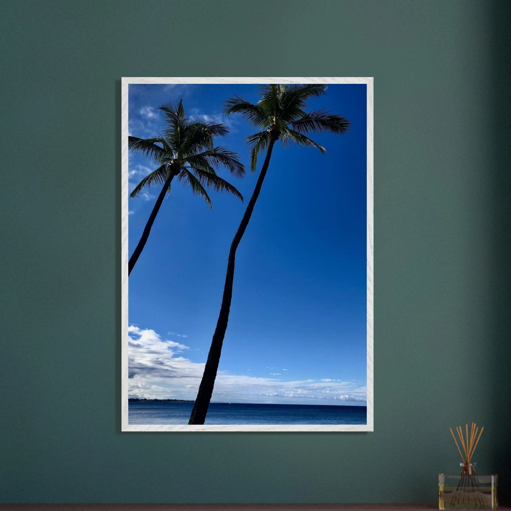 Framed print of Hawaii iconic palm trees and Pacific waves, CaliCuration travel collection studio edition, 15x20 cm mounted poster.