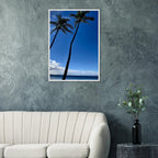 Framed print of Hawaii iconic palm trees and Pacific waves, CaliCuration travel collection studio edition, 15x20 cm on white frame