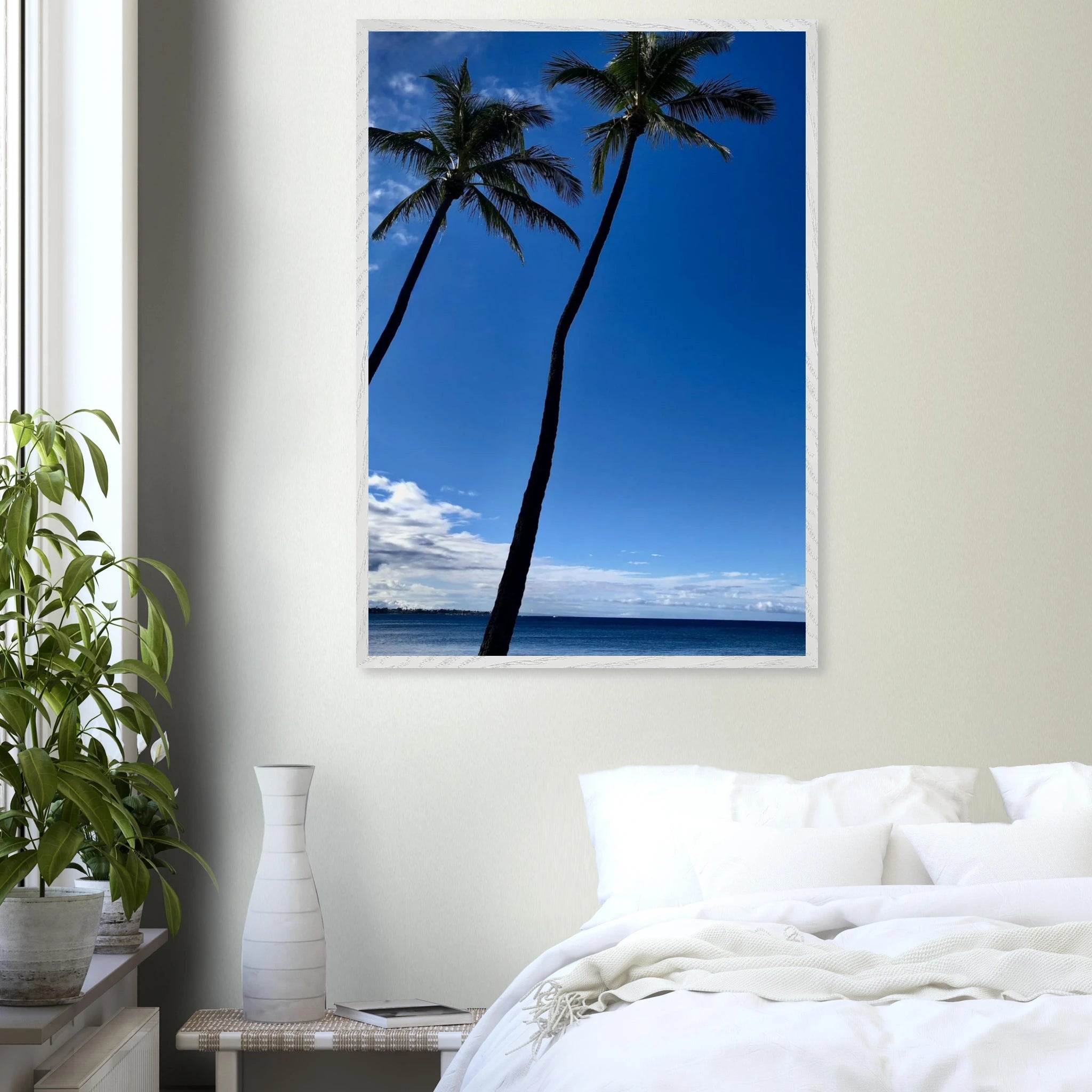 Framed print of Hawaii iconic palm tree twins and Pacific waves, CaliCuration travel collection studio edition, 15x20 cm.