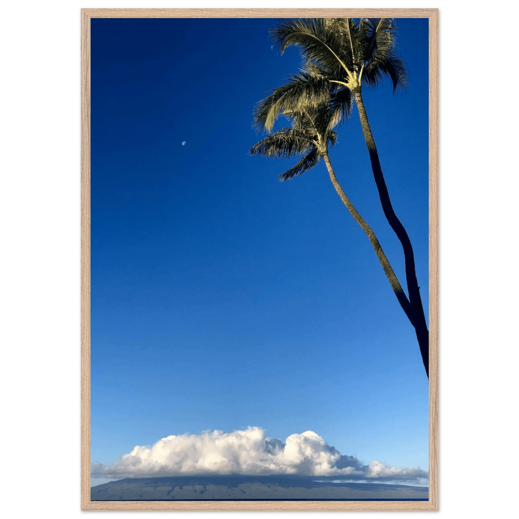 Hawaii Volcano Clouds and Pacific Scene framed print by CaliCuration, showcasing a scenic volcanic landscape with ocean views.
