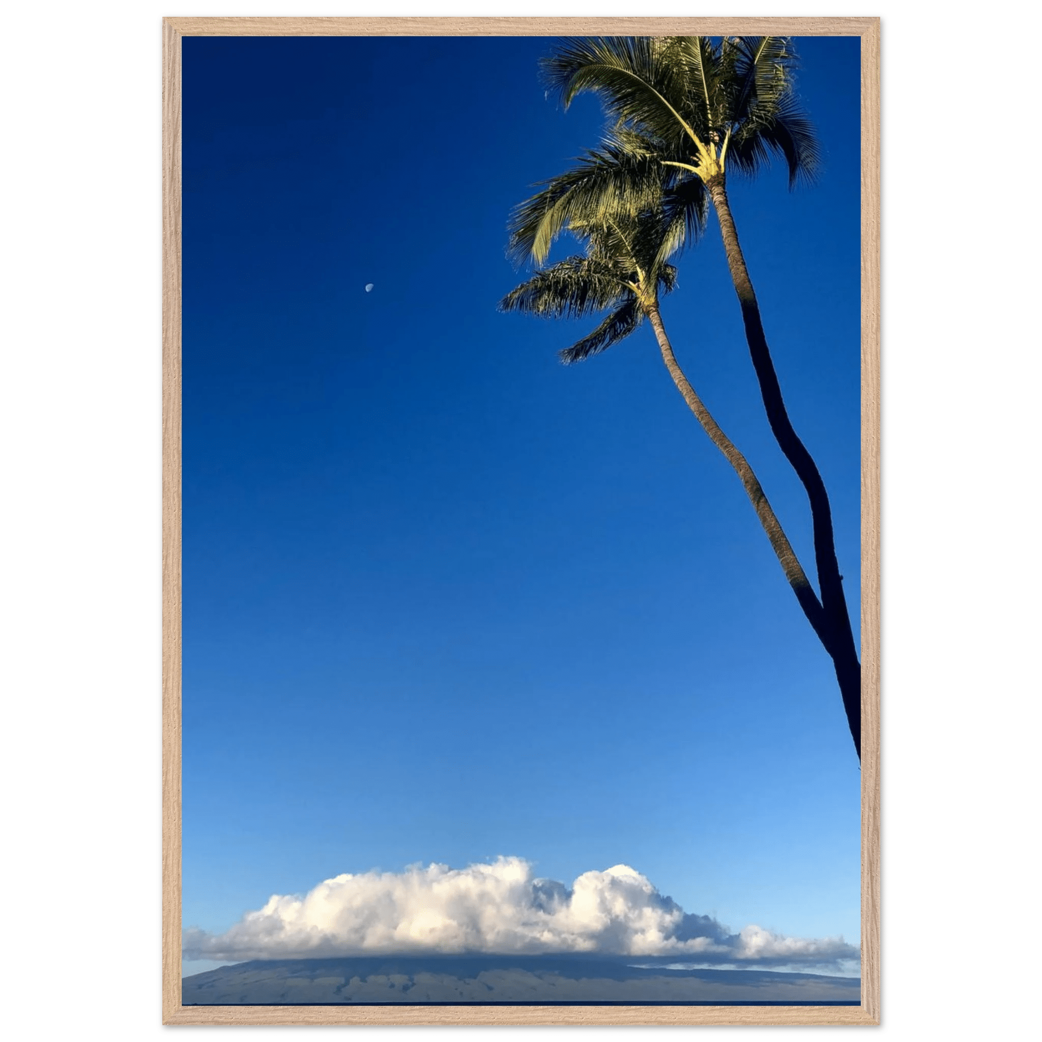 Hawaii Volcano Clouds and Pacific Scene framed print by CaliCuration, showcasing a scenic volcanic landscape with ocean views.