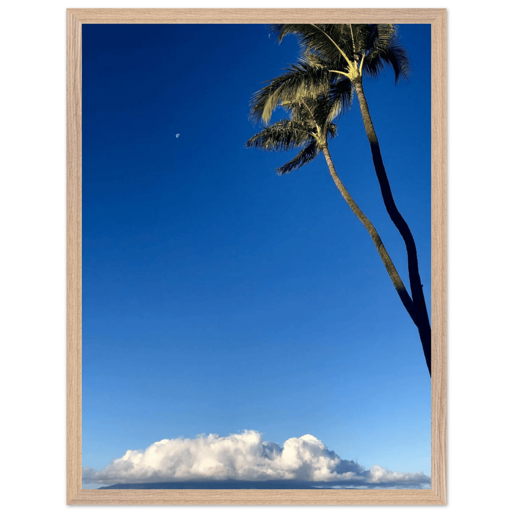 Hawaii Volcano Clouds and Pacific Scene framed print by CaliCuration showing a volcanic landscape with clouds and ocean view.