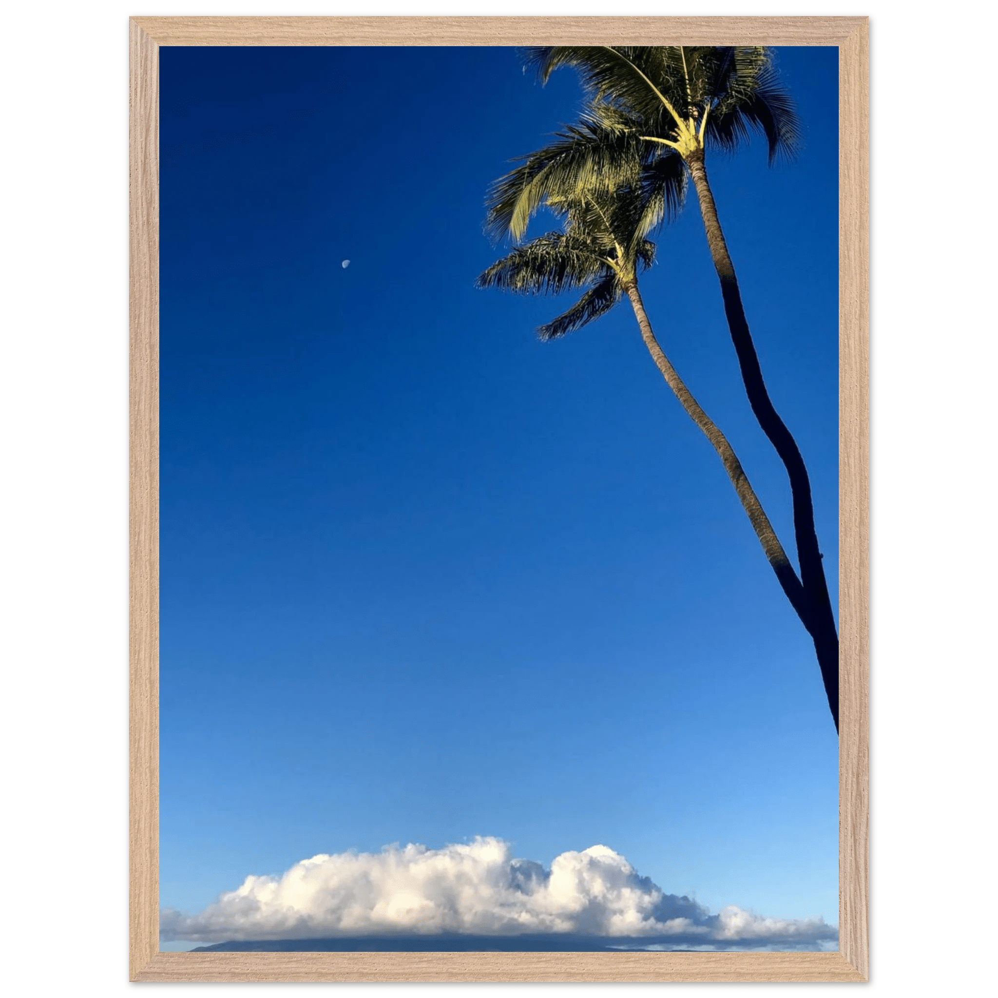 Hawaii Volcano Clouds and Pacific Scene framed print by CaliCuration showing a volcanic landscape with clouds and ocean view.