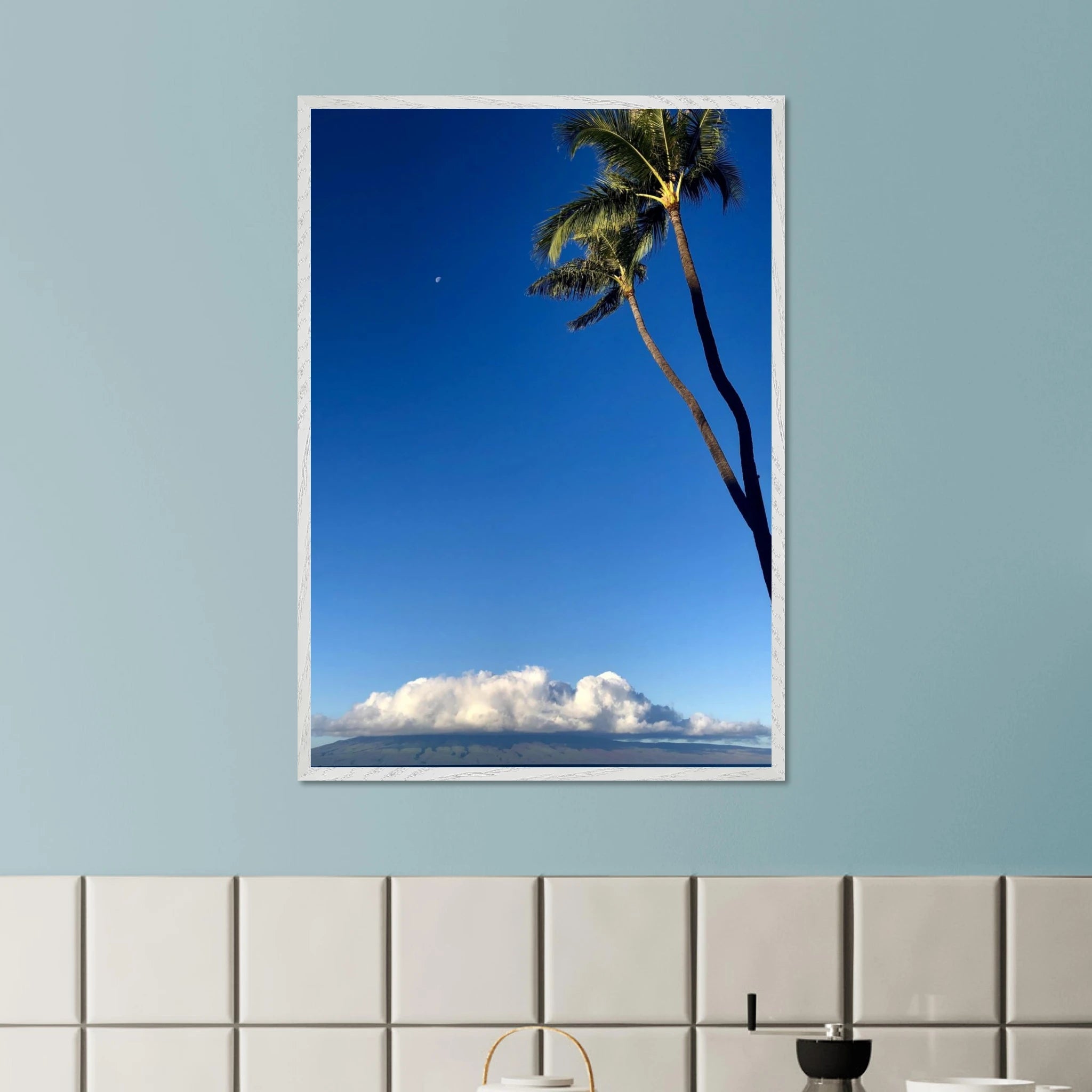 Hawaii Volcano Clouds and Pacific scene mounted framed poster by CaliCuration, 15x20 cm print with white frame, travel collection.