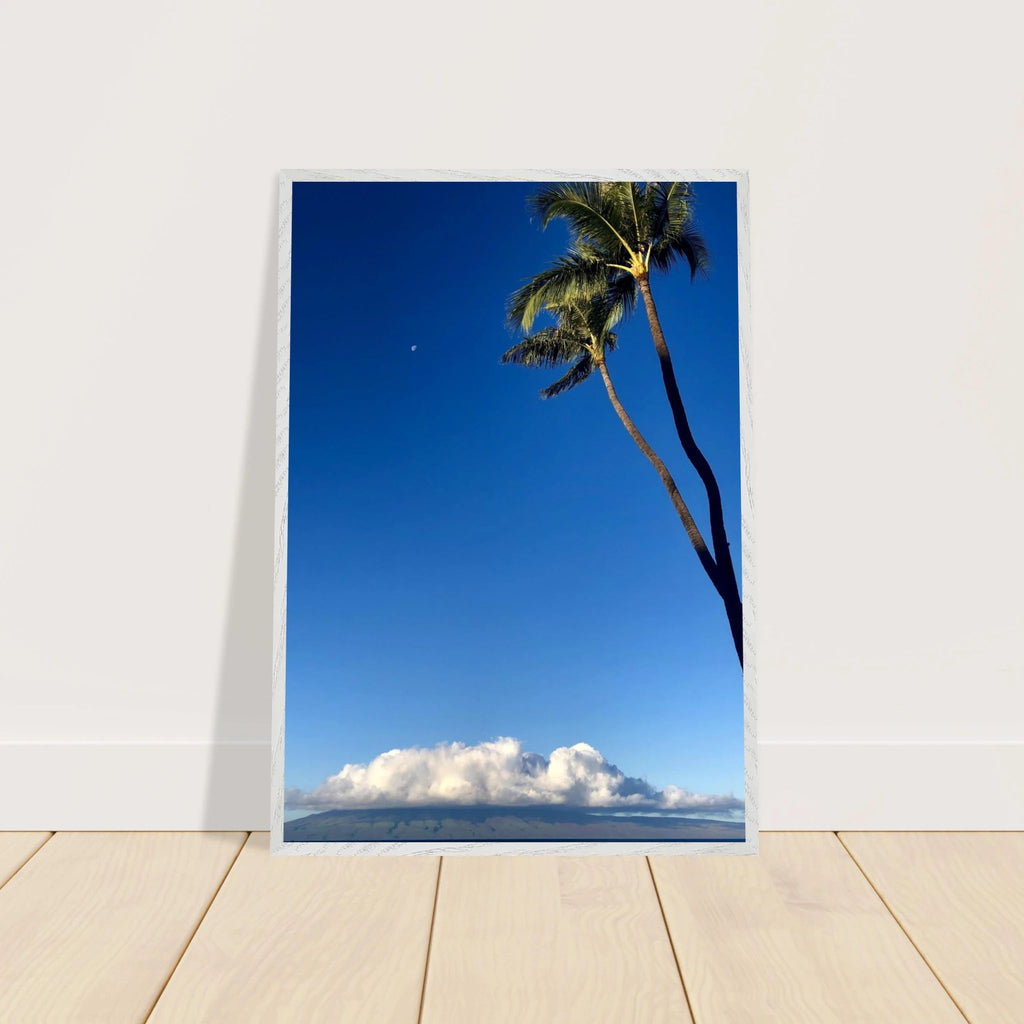 Hawaii Volcano Clouds and Pacific scene framed print by CaliCuration, showcasing vibrant volcanic and ocean landscape in white frame.