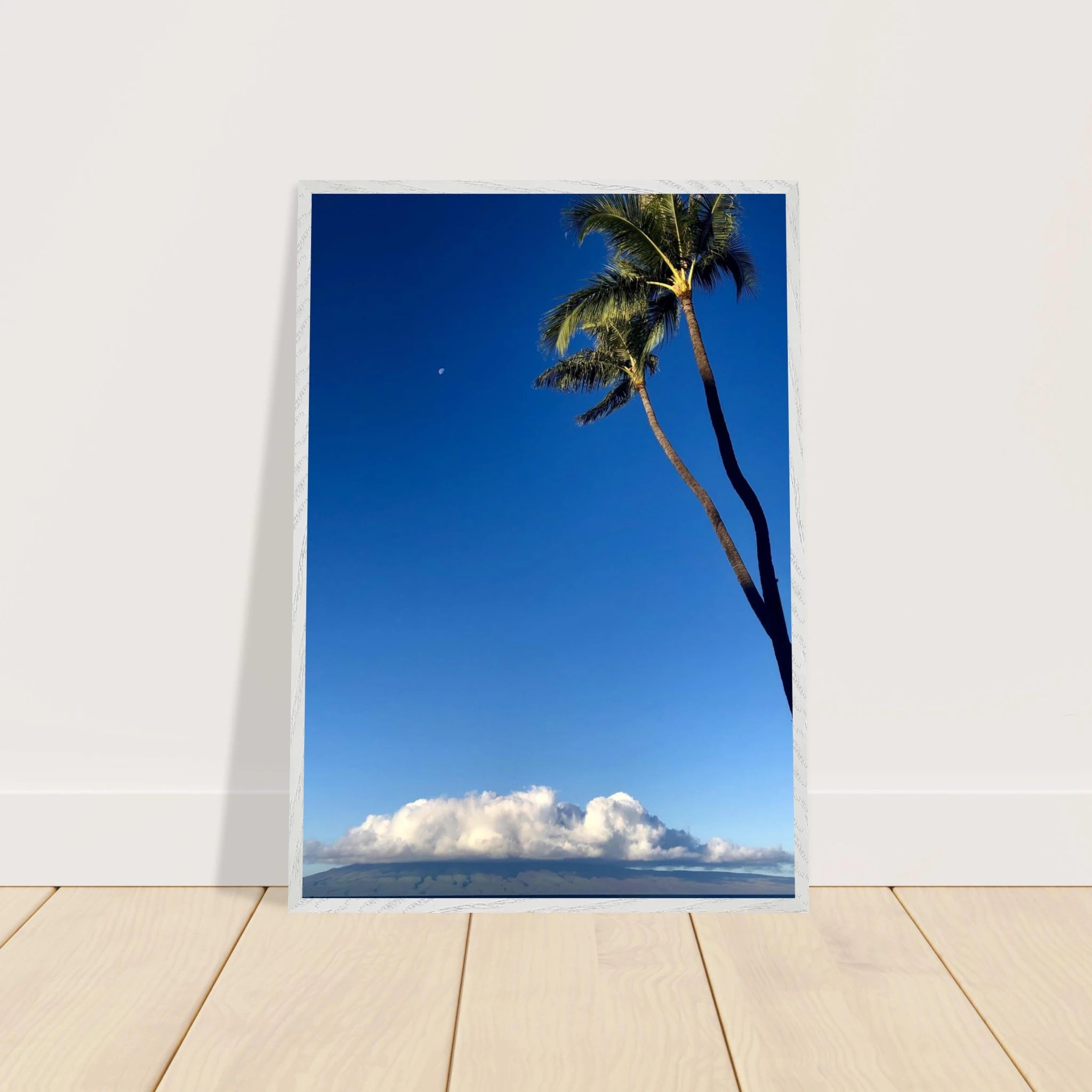 Hawaii Volcano Clouds and Pacific scene framed print by CaliCuration, showcasing vibrant volcanic and ocean landscape in white frame.