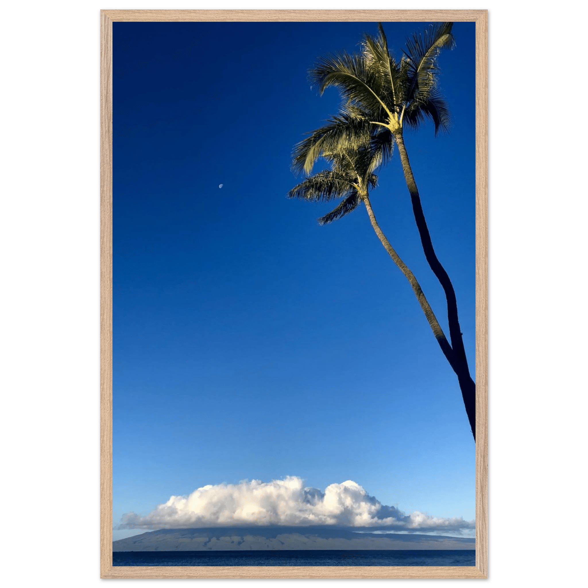 Hawaii Volcano Clouds Pacific Scene framed print by CaliCuration, showcasing vibrant volcanic landscape and ocean views.
