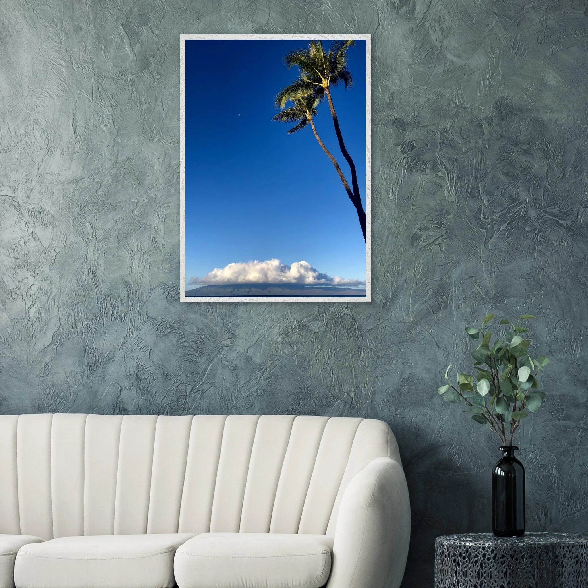 Hawaii Volcano Clouds and Pacific scene mounted framed poster by CaliCuration, 15x20 cm print with white frame, travel collection.