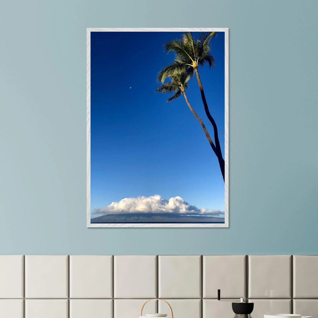 Hawaii Volcano Clouds and Pacific scene framed poster by CaliCuration, 15x20 cm print with white frame, part of travel collection.