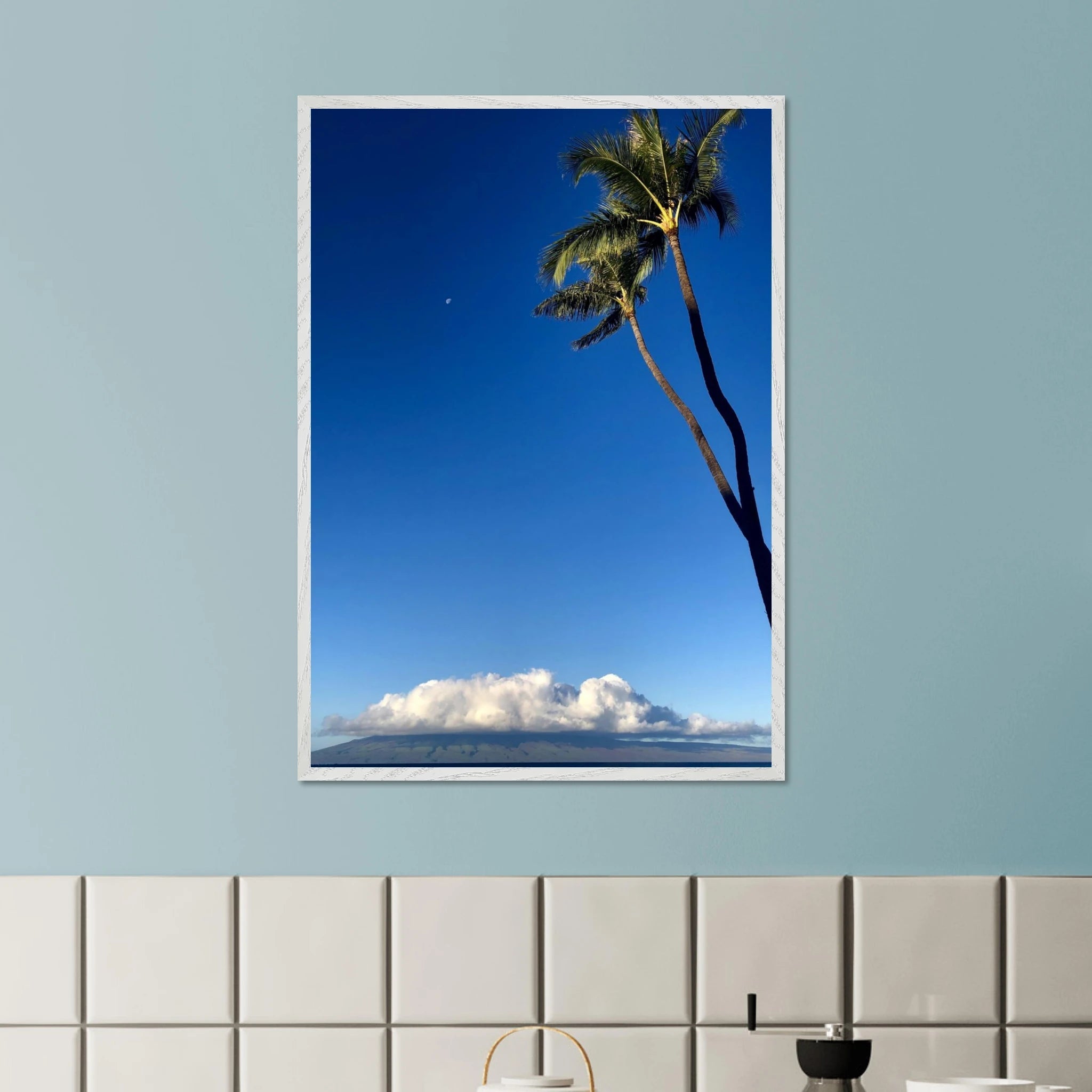Hawaii Volcano Clouds and Pacific scene framed poster by CaliCuration, 15x20 cm print with white frame, part of travel collection.