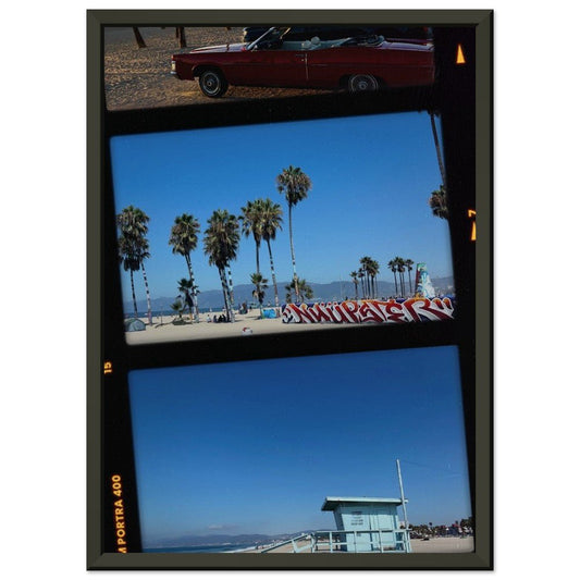 California Wall Art Retro Film Strip Style – Palm Trees, Beach, and Lifeguard Tower on Premium Semi - Glossy Paper Metal Framed Poster - CaliCuration