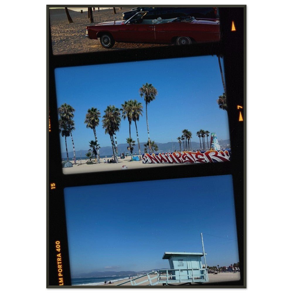 California Wall Art Retro Film Strip Style – Palm Trees, Beach, and Lifeguard Tower on Premium Semi - Glossy Paper Metal Framed Poster - CaliCuration