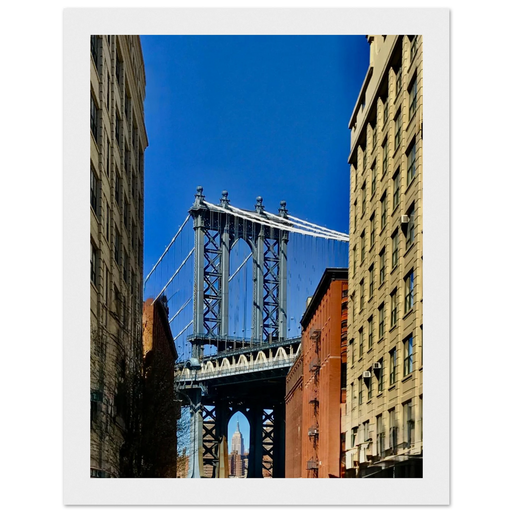 NYC Dumbo skyline wooden framed print by CaliCuration featuring spring day cityscape wall art from the Travel Collection.
