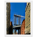 NYC Dumbo skyline wooden framed print by CaliCuration featuring spring day cityscape wall art from the Travel Collection.