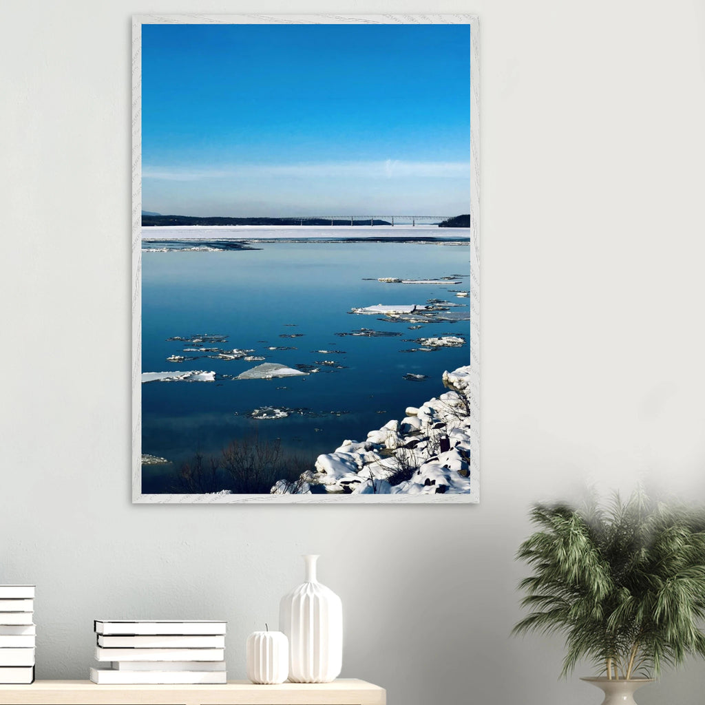 Wooden framed Hudson Valley winter poster print featuring snowy landscape, part of the Studio Edition holiday travel collection.