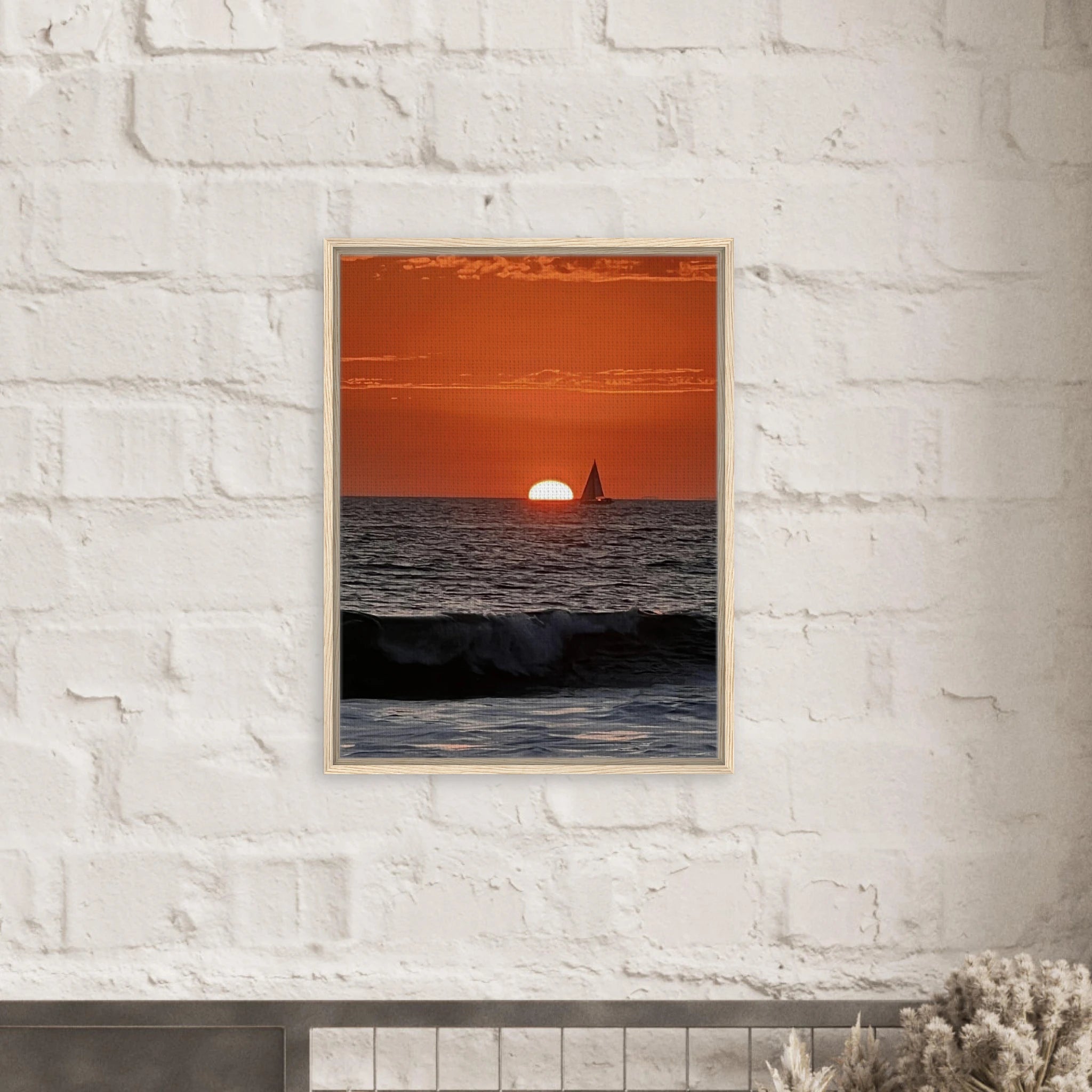 Wooden framed canvas print of California Red Sunset Series 4/4 by CaliCuration, featuring vibrant red hues and artistic studio edition design.