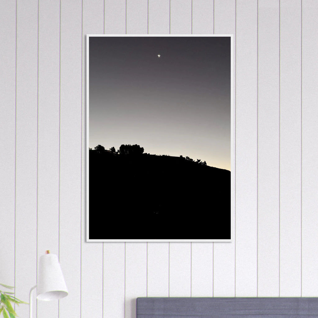 Black and white wooden framed poster of Hollywood Hills moonrise from the Fall New Moon series, Studio Edition print.