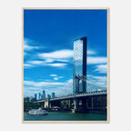 Framed NYC Manhattan Bridge and East River urban photography print, showcasing iconic New York City skyline and bridge details.