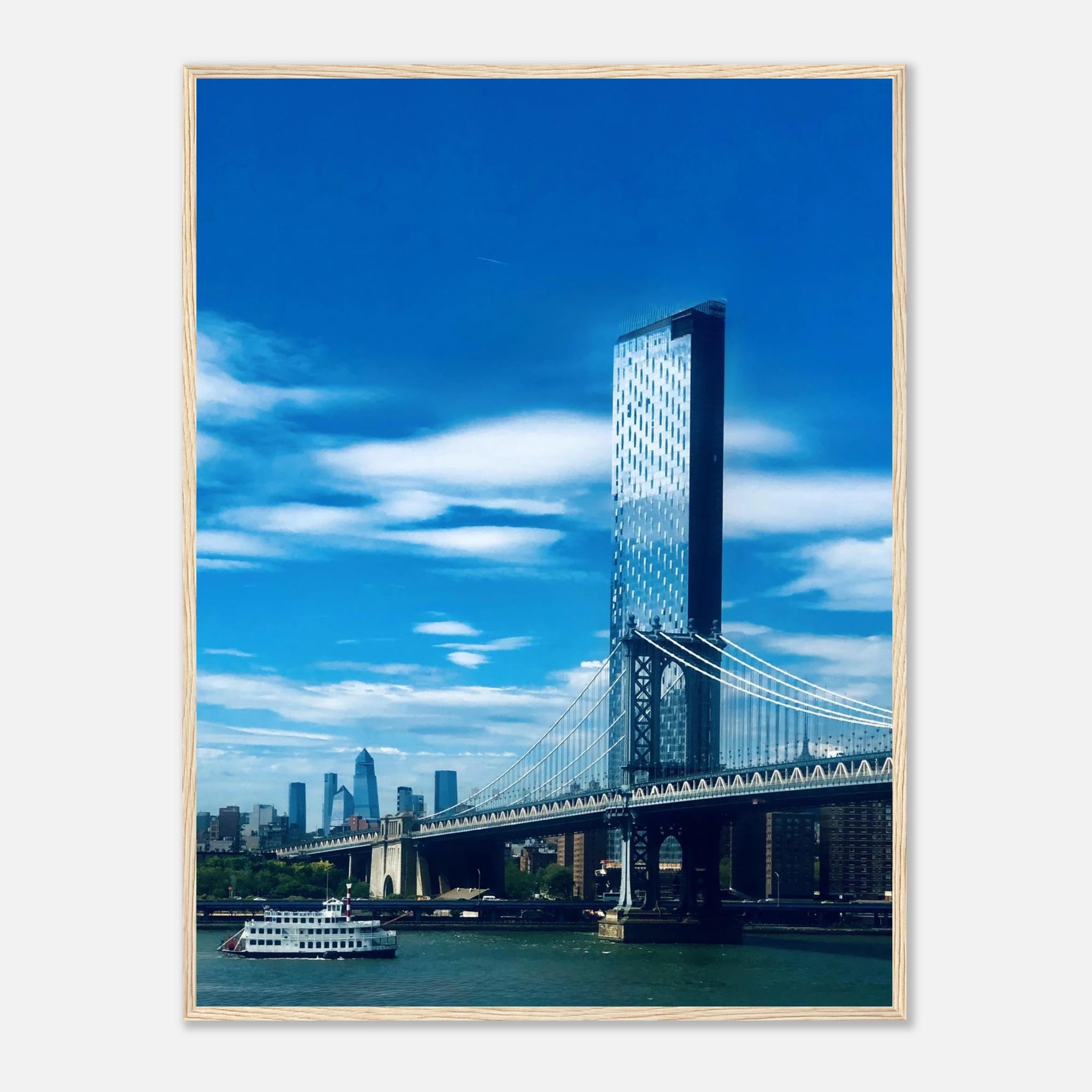 Framed NYC Manhattan Bridge and East River urban photography print, showcasing iconic New York City skyline and bridge details.