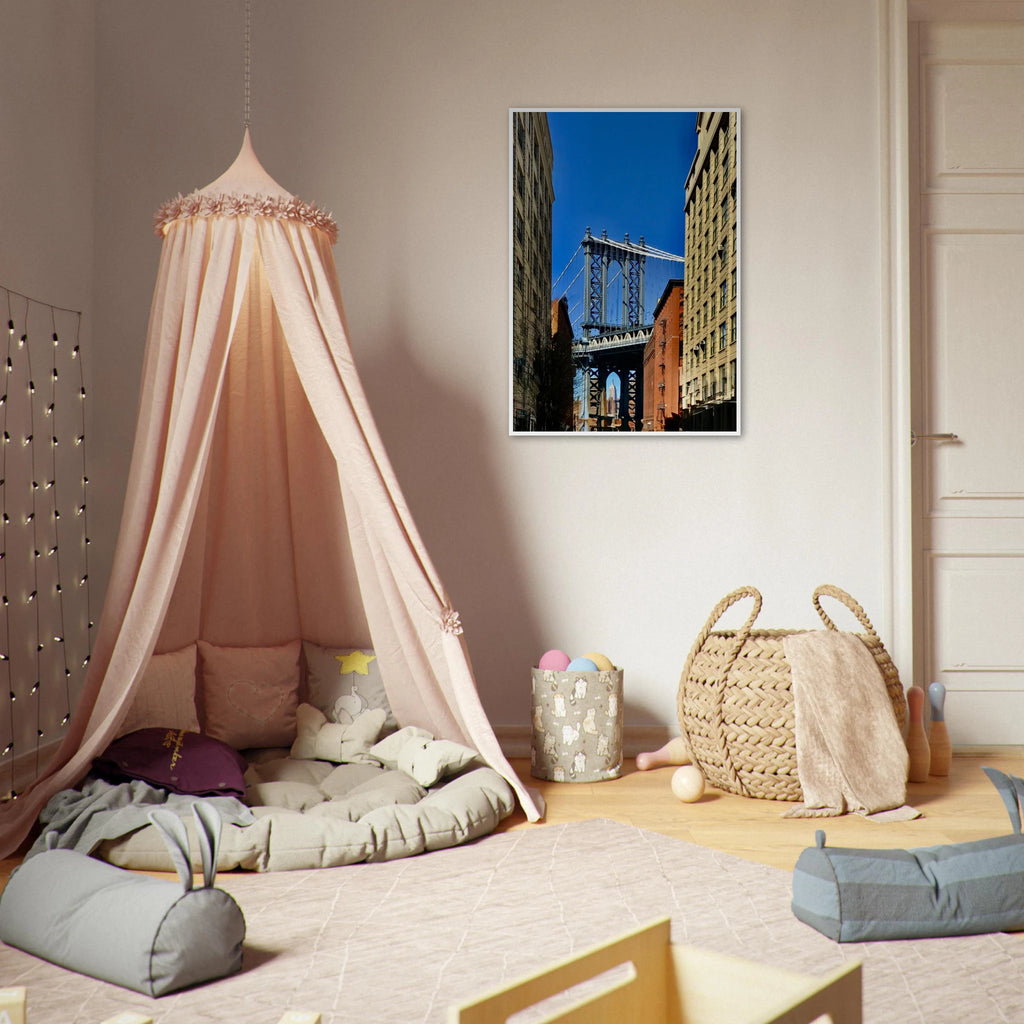 NYC Dumbo skyline wooden framed print by CaliCuration, featuring a spring day cityscape wall art from the Travel Collection.