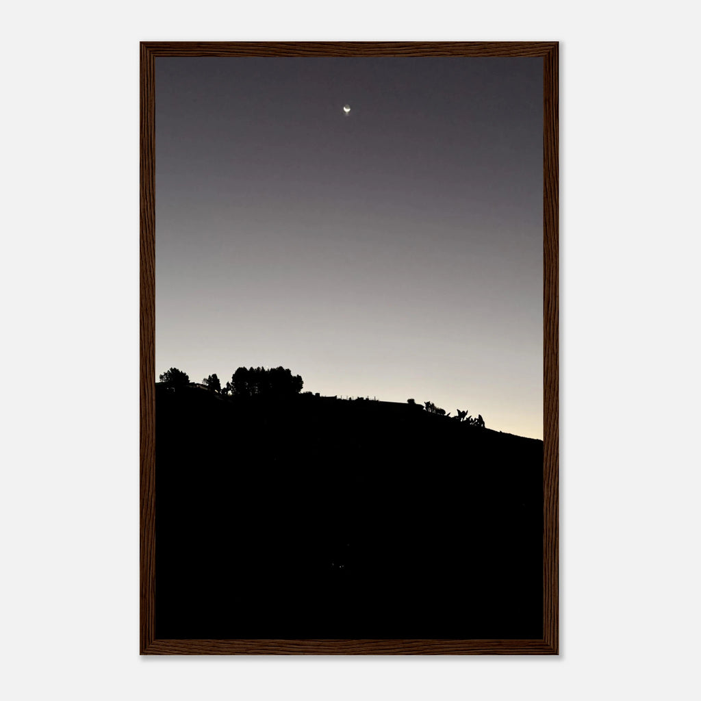 Semi-glossy wooden framed poster featuring black and white Hollywood Hills fall moon California art print by My Store
