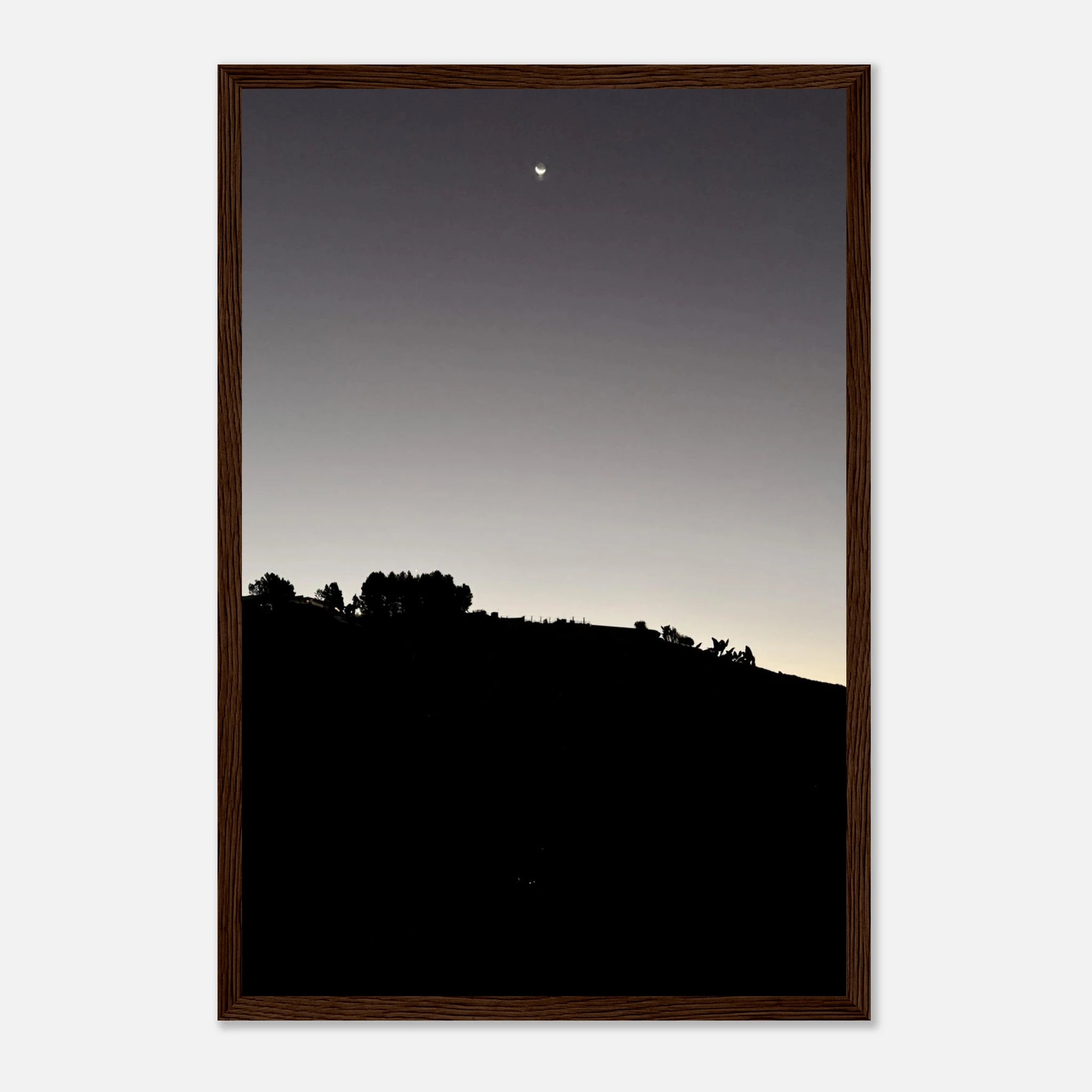 Semi-glossy wooden framed poster featuring black and white Hollywood Hills fall moon California art print by My Store
