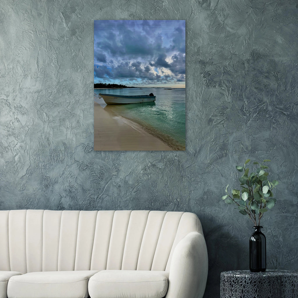 Brushed aluminum print of Idyllic Tulum Fisherboat scene from CaliCuration's Caribbean beach travel collection, studio edition art.