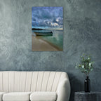 Brushed aluminum print of Idyllic Tulum Fisherboat scene from CaliCuration's Caribbean beach travel collection, studio edition art.