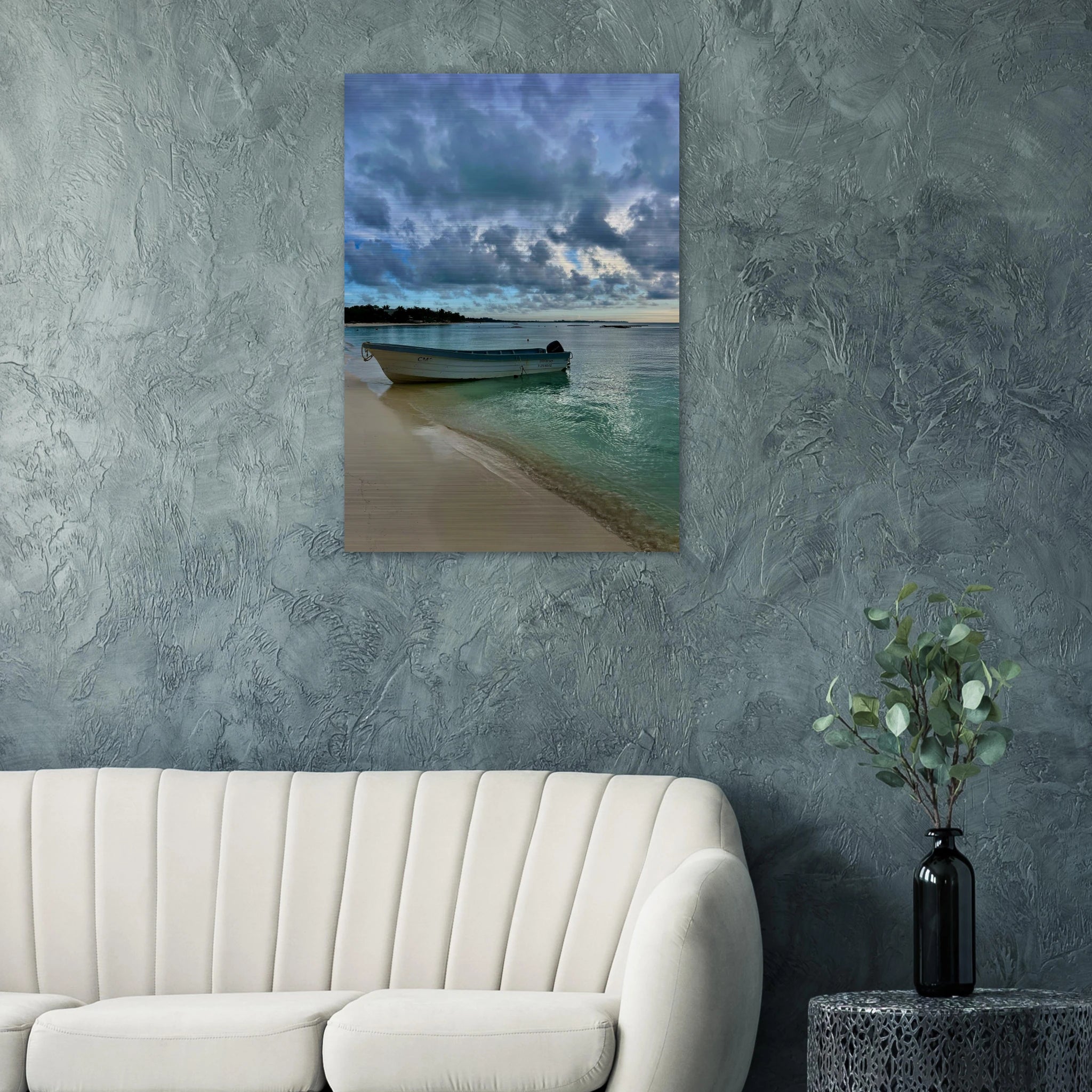Brushed aluminum print of Idyllic Tulum Fisherboat scene from CaliCuration's Caribbean beach travel collection, studio edition art.