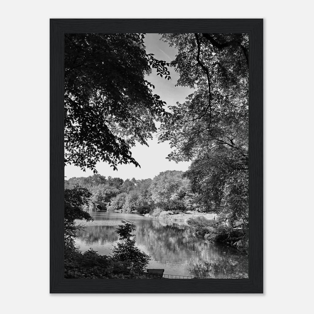 Black and white framed print of a summer lake scene from Upstate NY, featuring tranquil waters and scenic shoreline.