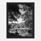Black and white framed print of a summer lake scene from Upstate NY, featuring tranquil waters and scenic shoreline.