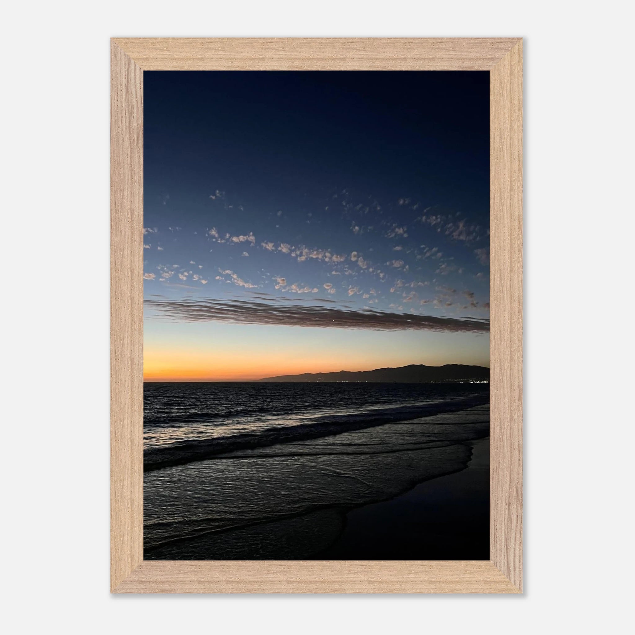 Premium wooden framed poster featuring a vibrant SoCal fall sunset scene, ideal for home décor with semi-glossy finish.