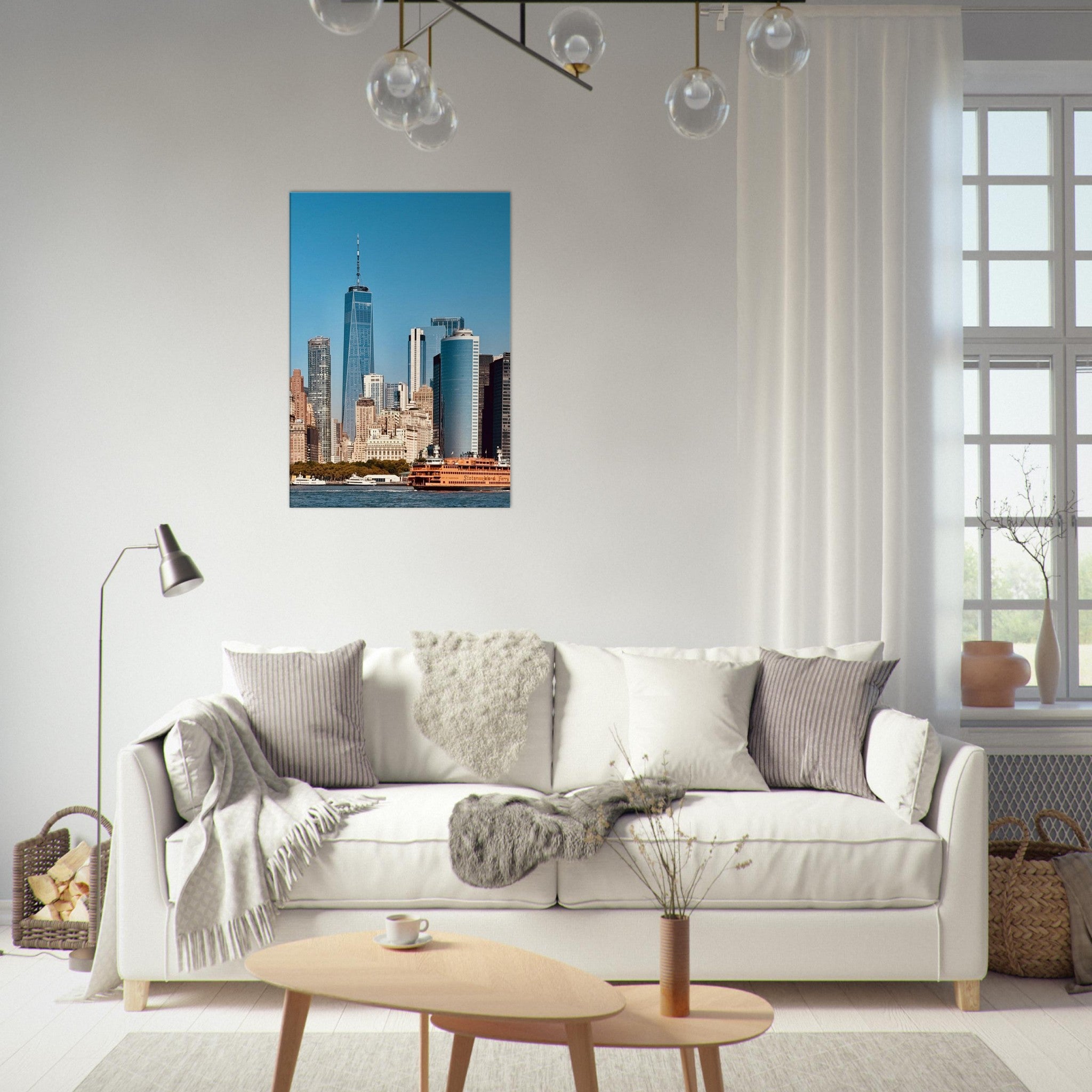 NYC skyline canvas print by My Store featuring the World Trade Center and Staten Island Ferry in a travel-themed art print.