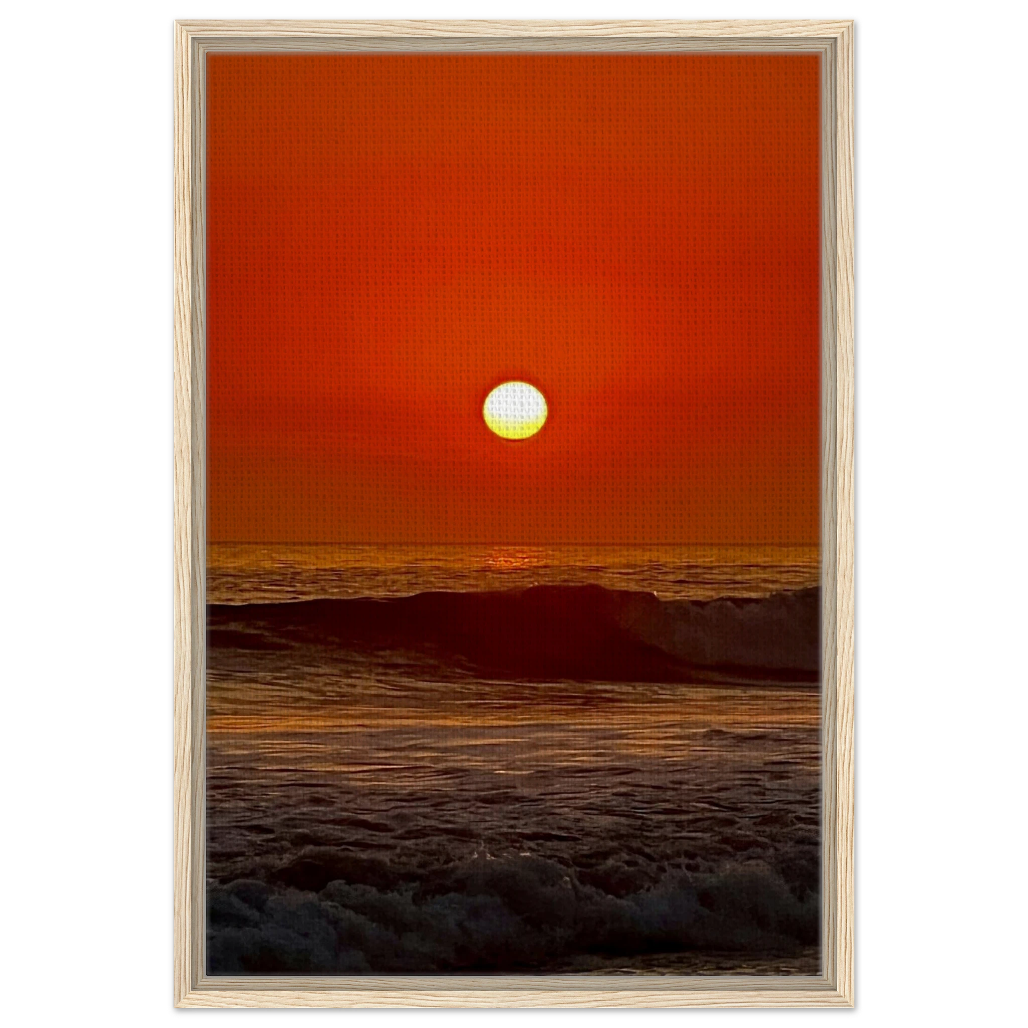 Framed canvas print of California Red Sunset Series 3/3 by CaliCuration, showcasing vibrant red sunset hues in a studio edition.