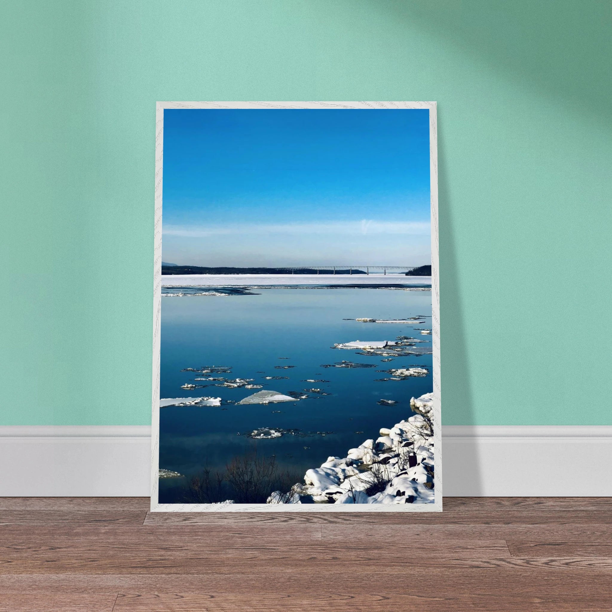 Premium wooden framed Hudson Valley winter poster print by My Store, featuring snowy landscape and holiday travel vibes.